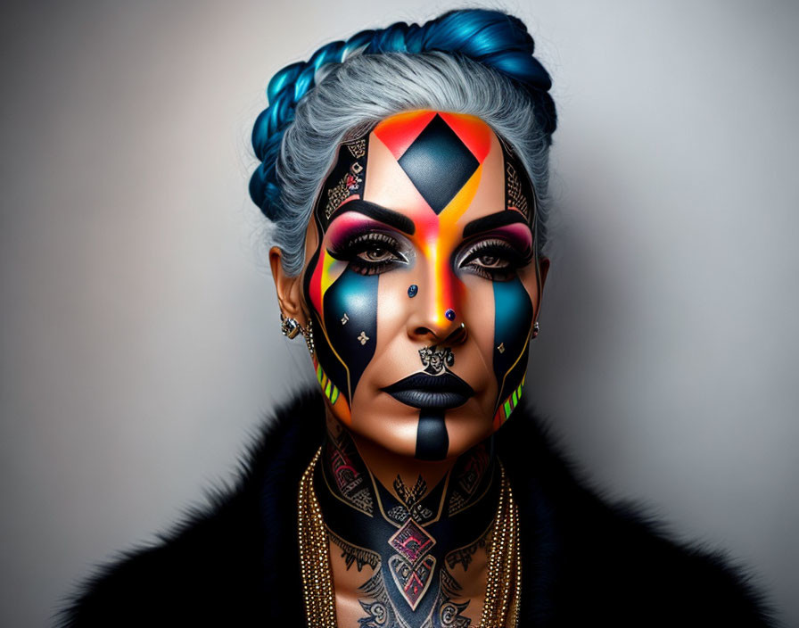 Woman with Blue Hair and Elaborate Geometric Face Paint, Piercings, and Tattoos