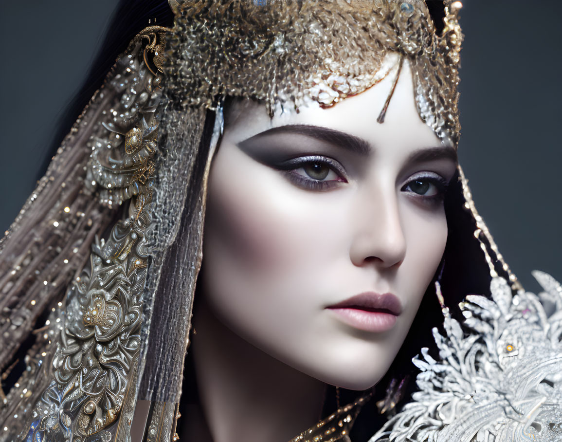 Close-up of woman with dramatic makeup and ornate gold headdress