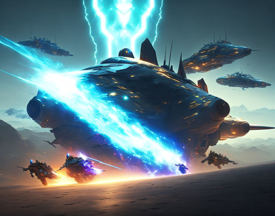 Futuristic spaceships battle on desert planet with energy beam strike