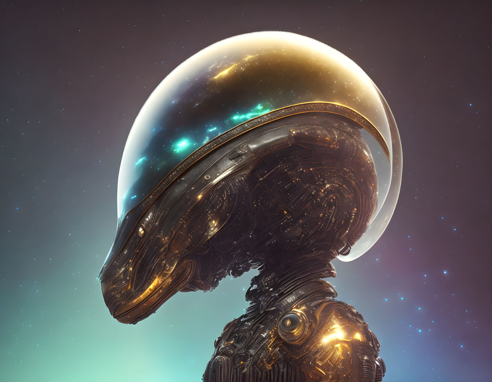 Reflective glass dome robotic head in cosmic setting