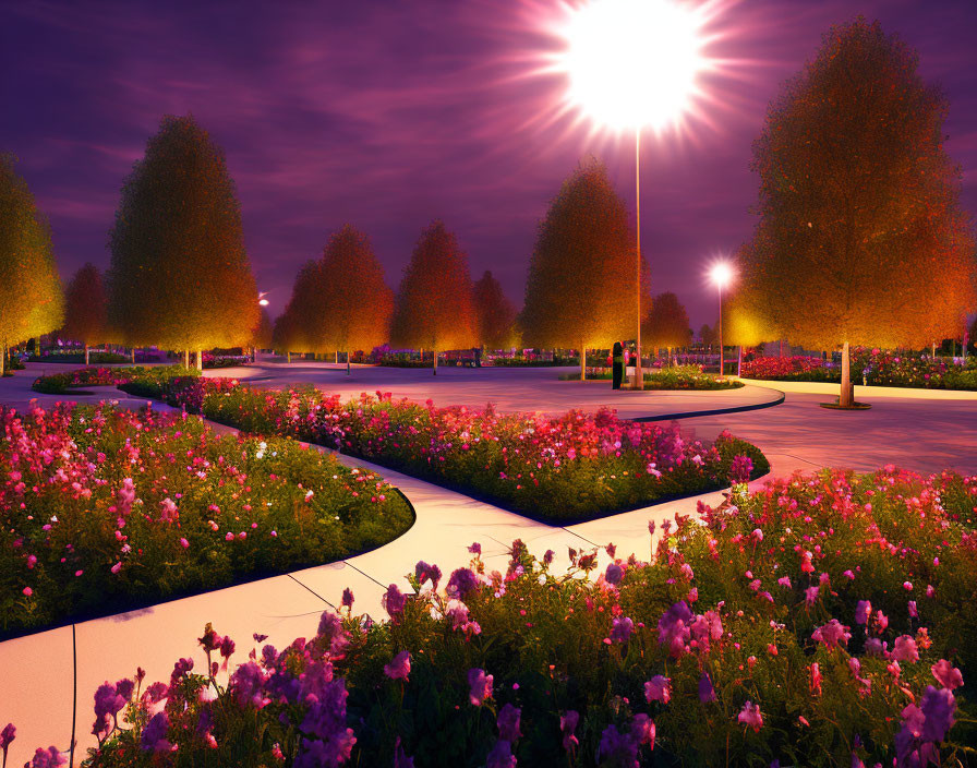 Lush garden with purple skies, lit trees, pink flowers