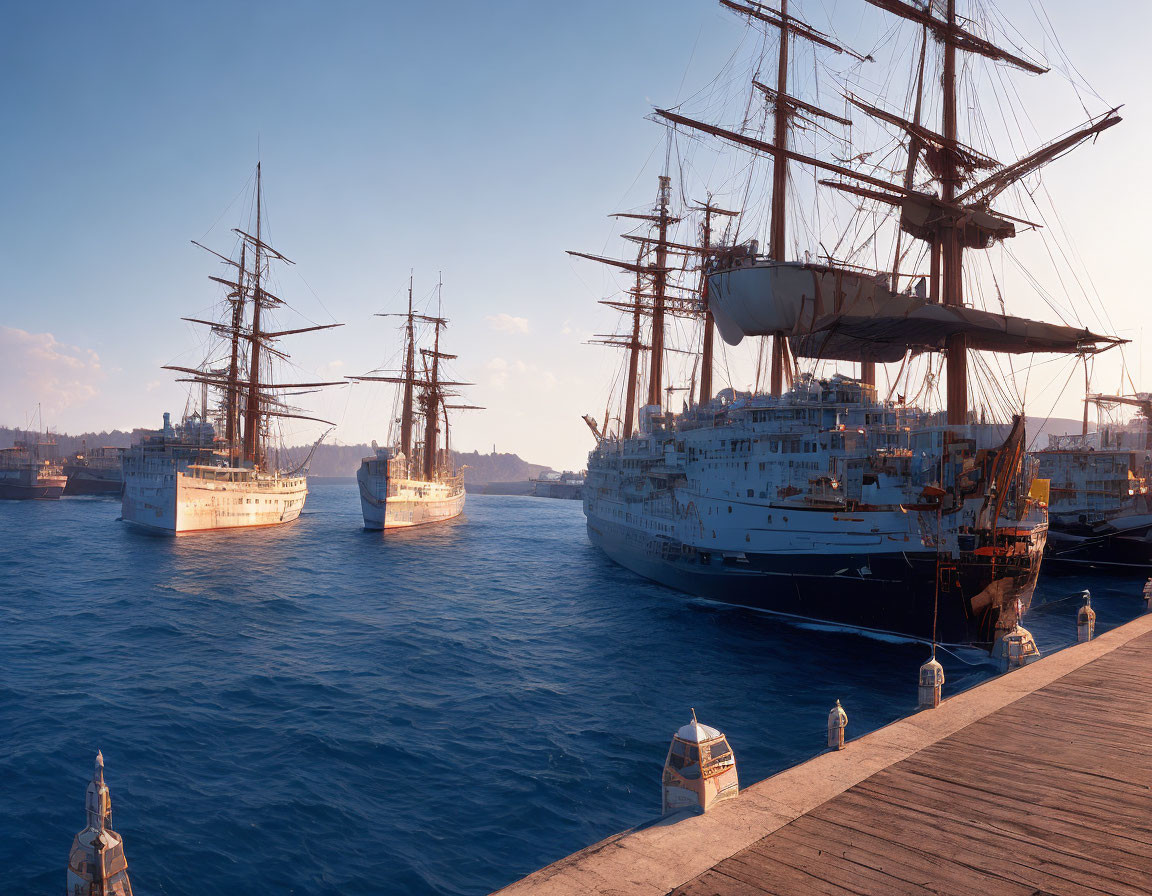 Classic tall ships in serene harbor at sunset with clear blue skies