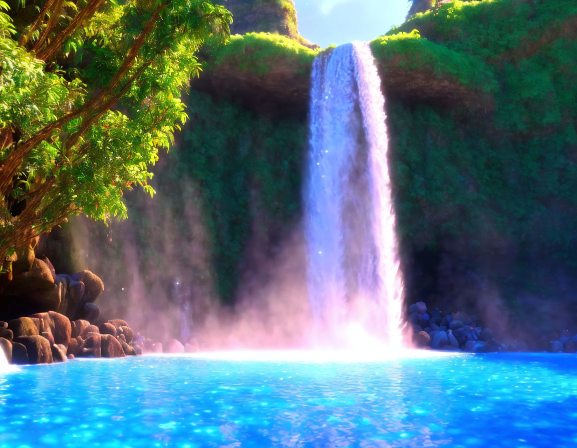 Tranquil waterfall cascading into blue lagoon surrounded by lush greenery