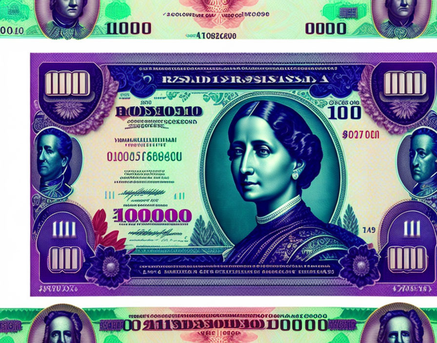 Vibrant currency design with woman portrait, ornate patterns, and colorful denominations