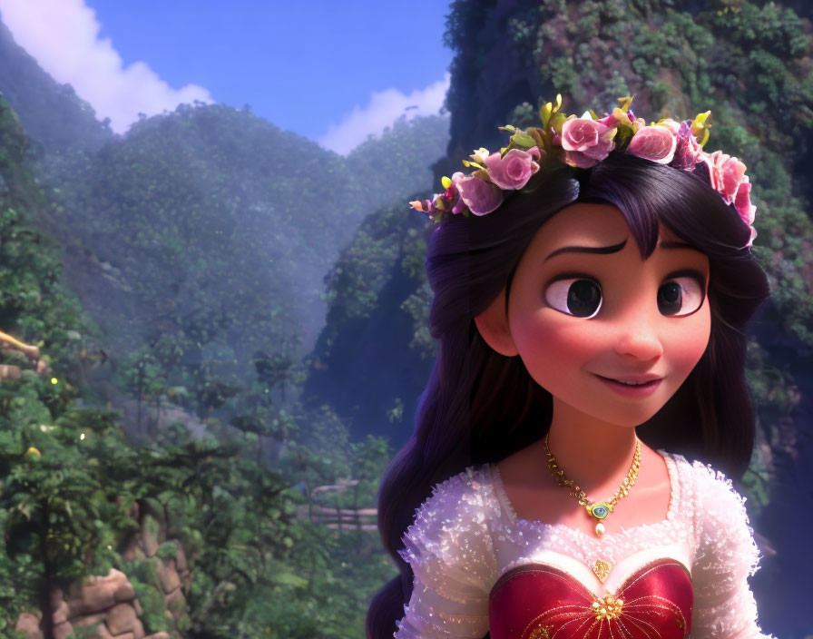 Animated princess with floral crown and heart pendant in mountain scenery