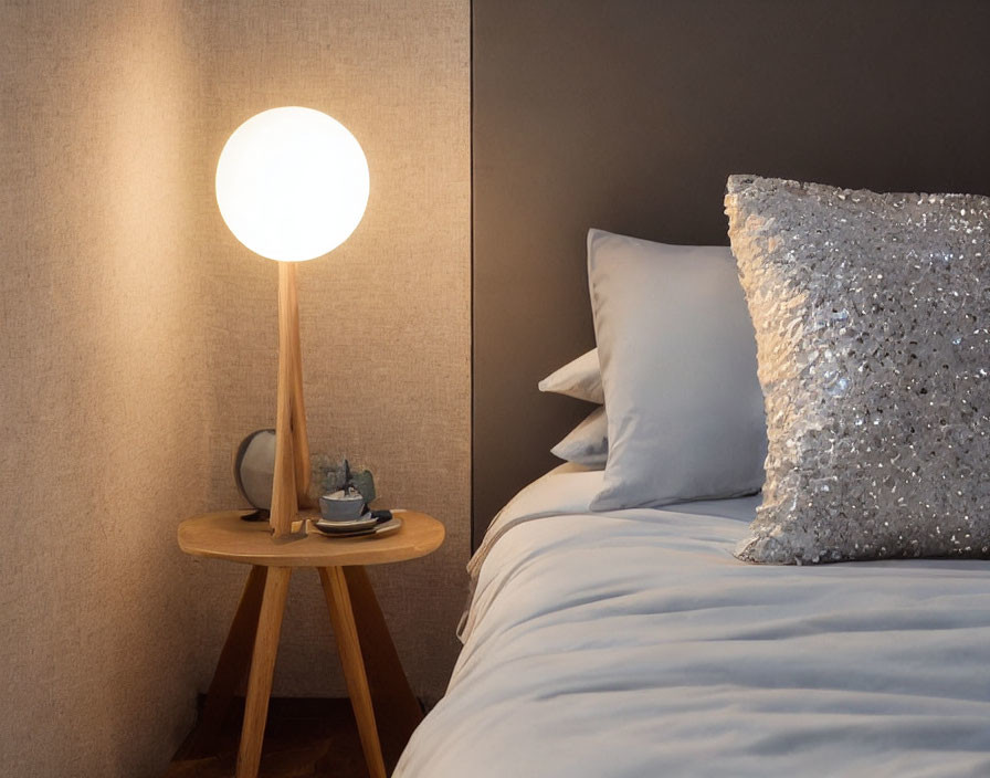 Cozy bedroom corner with spherical lamp and decorative pillows