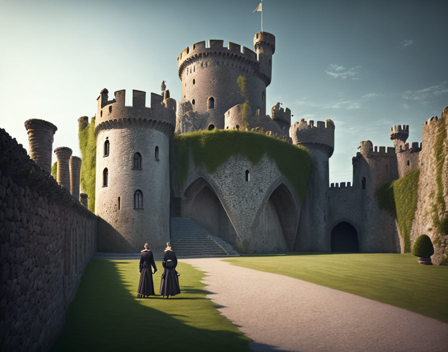 Medieval couple in front of majestic castle and green landscape