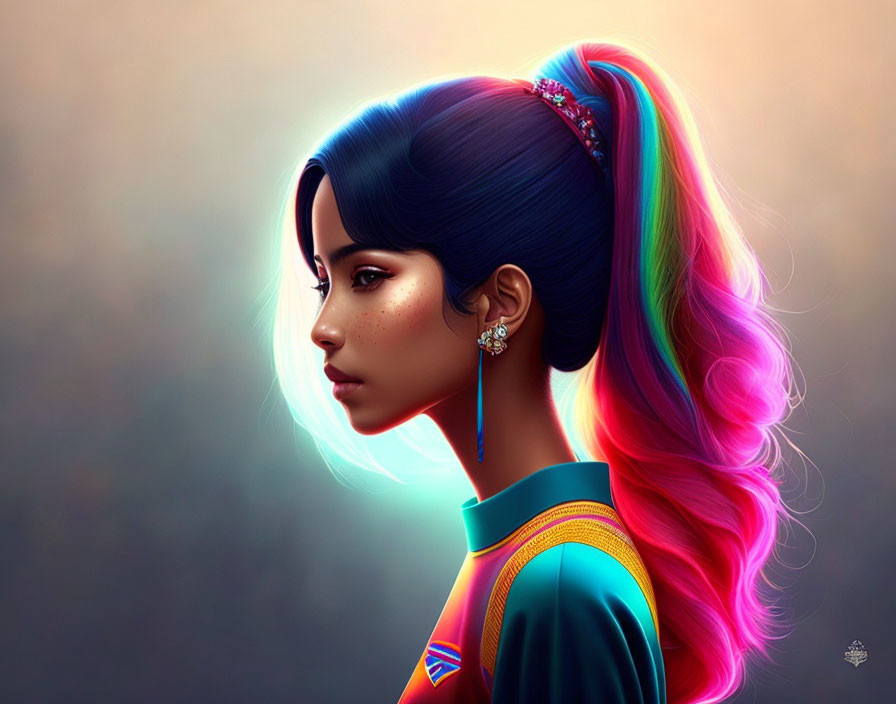 Colorful Woman Illustration with Blue Rainbow Hair and Green Top