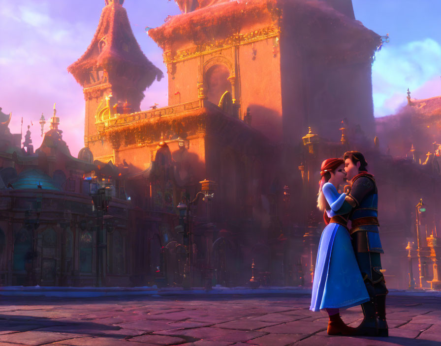 Romantic animated characters in colorful fantasy cityscape