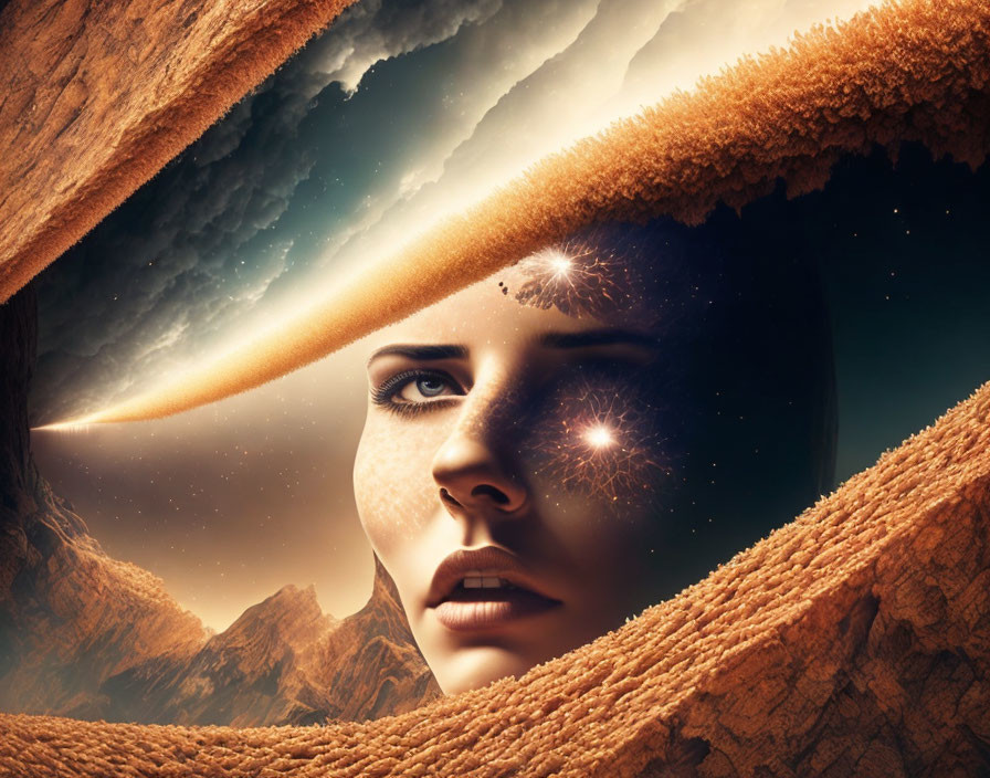 Surreal portrait blending woman's face with cosmic landscape