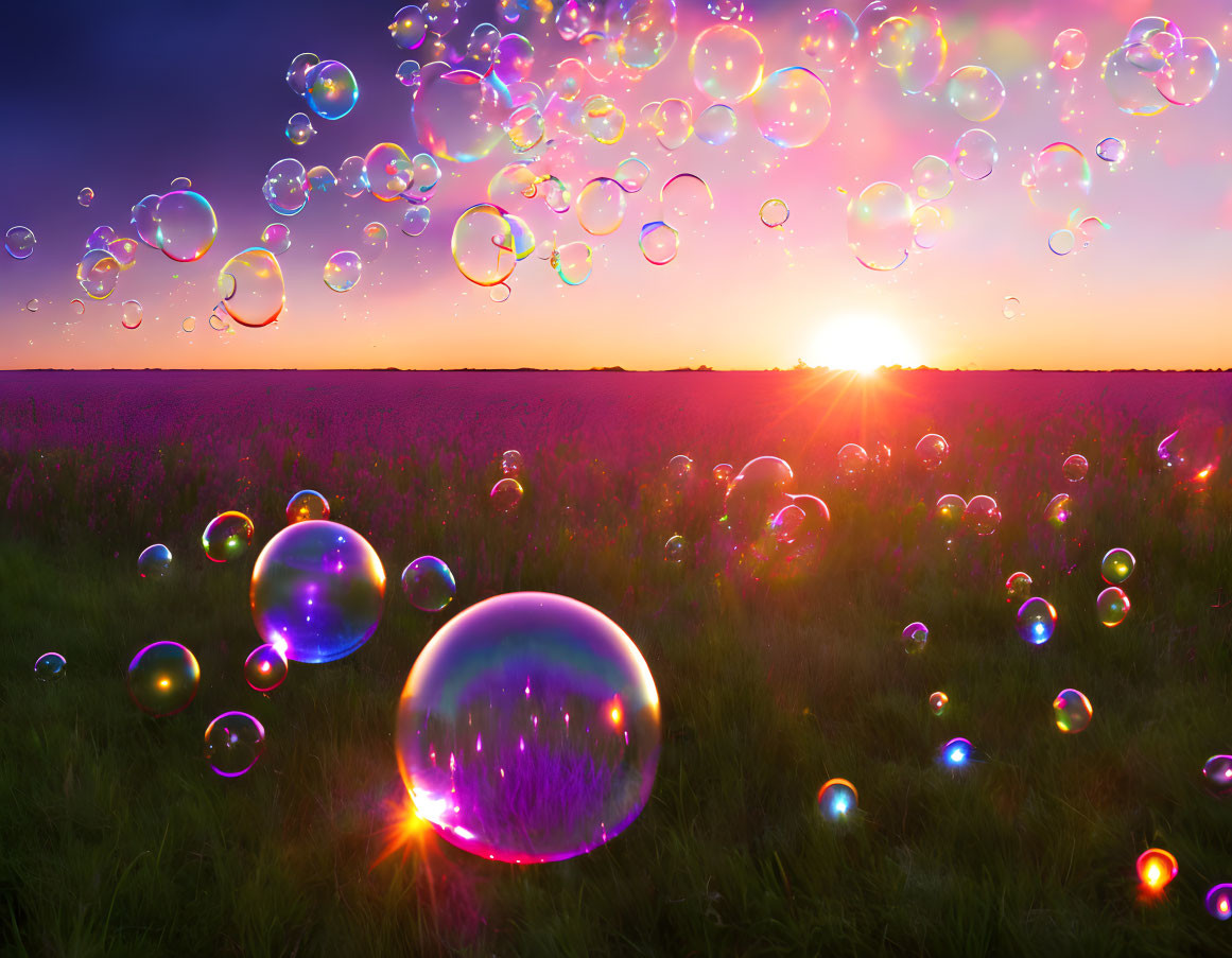 Colorful sunset over purple flower field with shimmering soap bubbles.