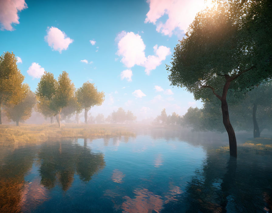 Tranquil lake scene with trees, blue sky, and fluffy clouds.