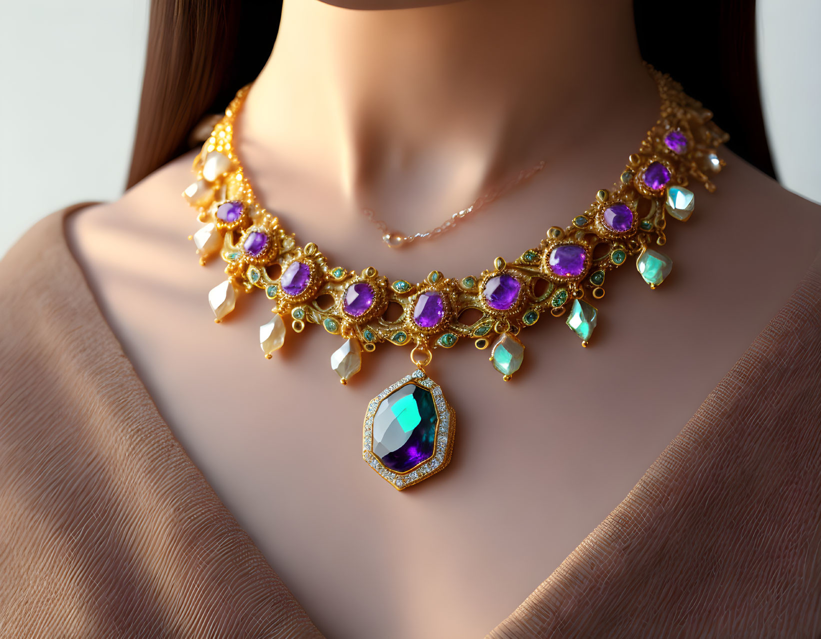 Golden necklace with purple gemstones and pendants on mannequin, beige background