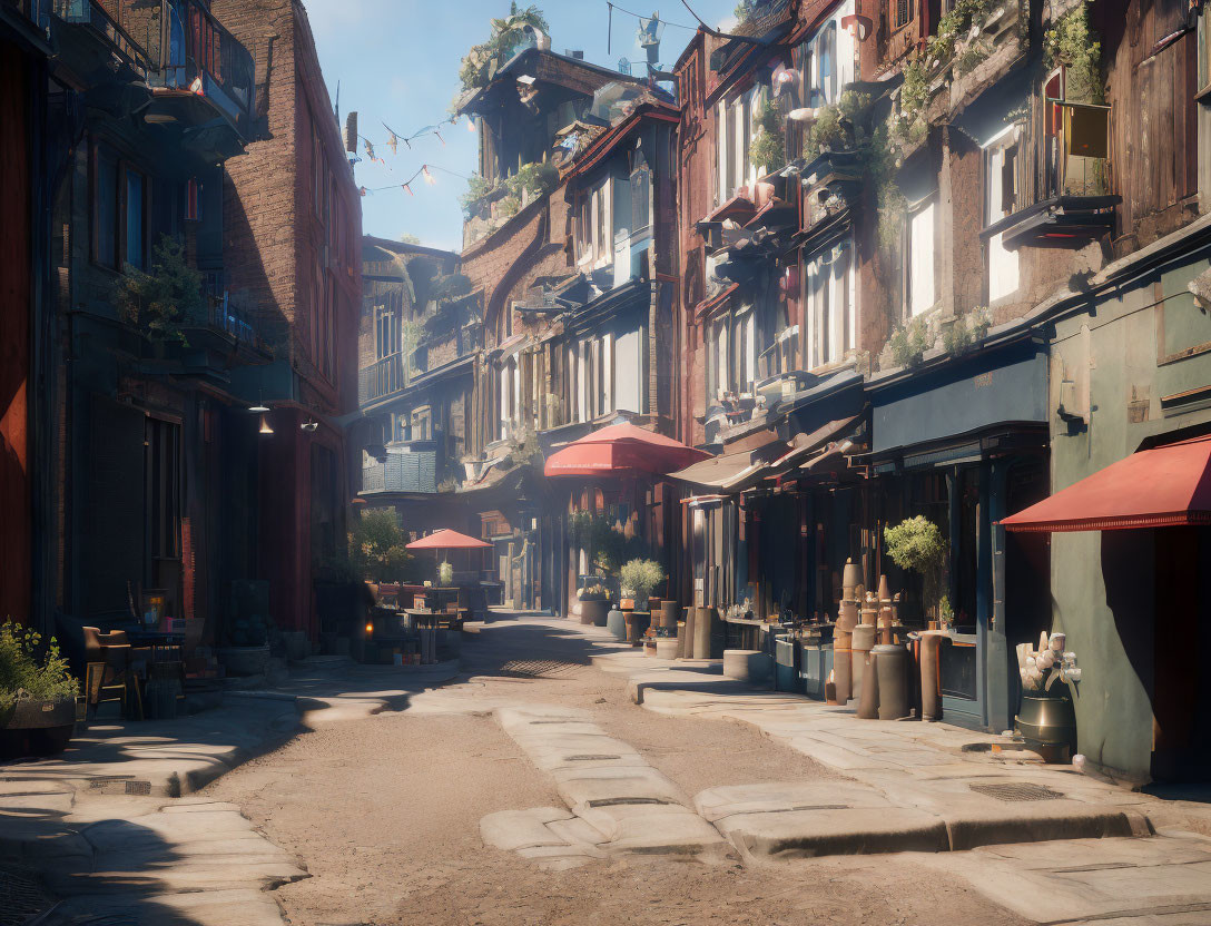 European-style cobblestone street with old buildings and bistros under clear blue sky