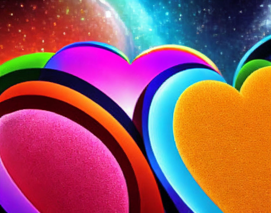 Colorful Layered Heart Shapes on Cosmic Starry Background