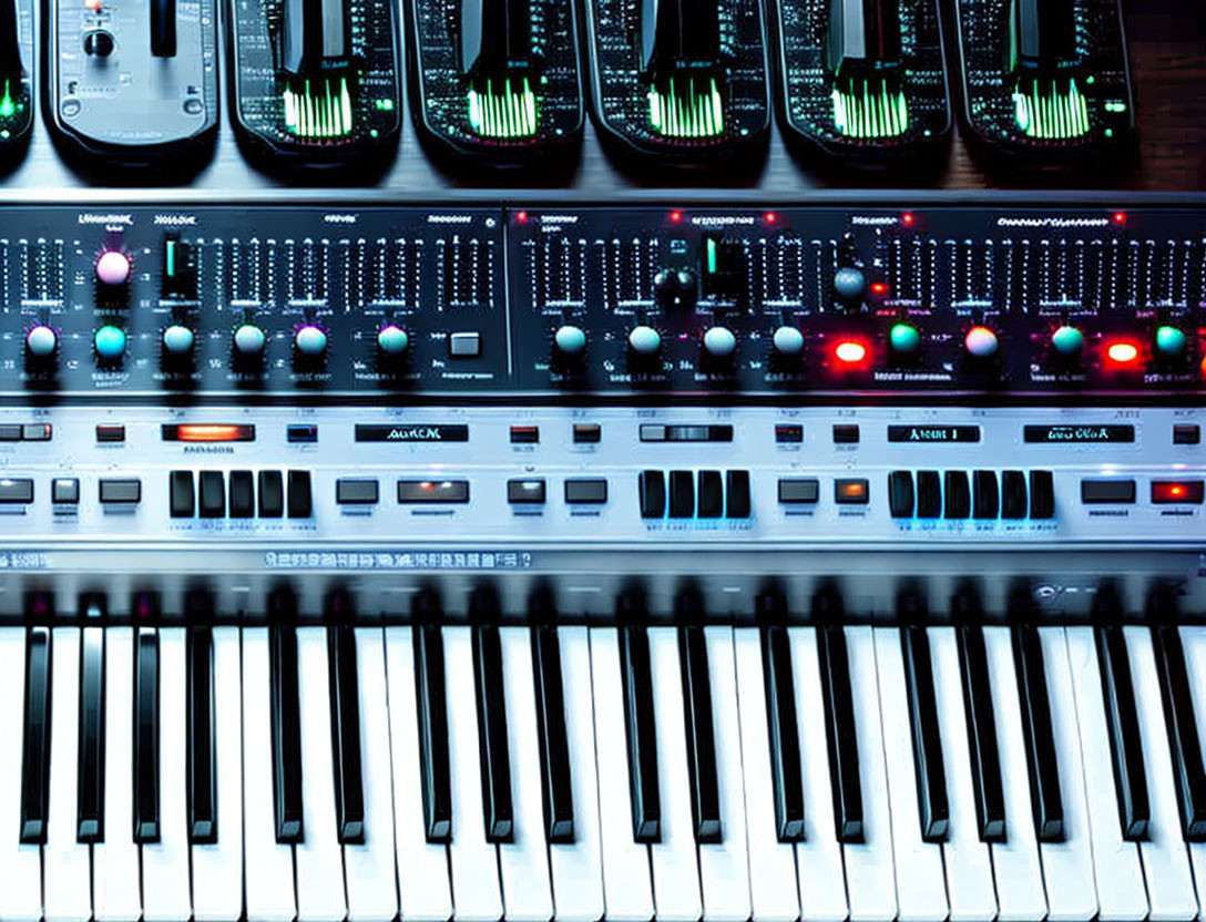 Detailed view of synthesizer keyboard with knobs, sliders, buttons, and illuminated meters