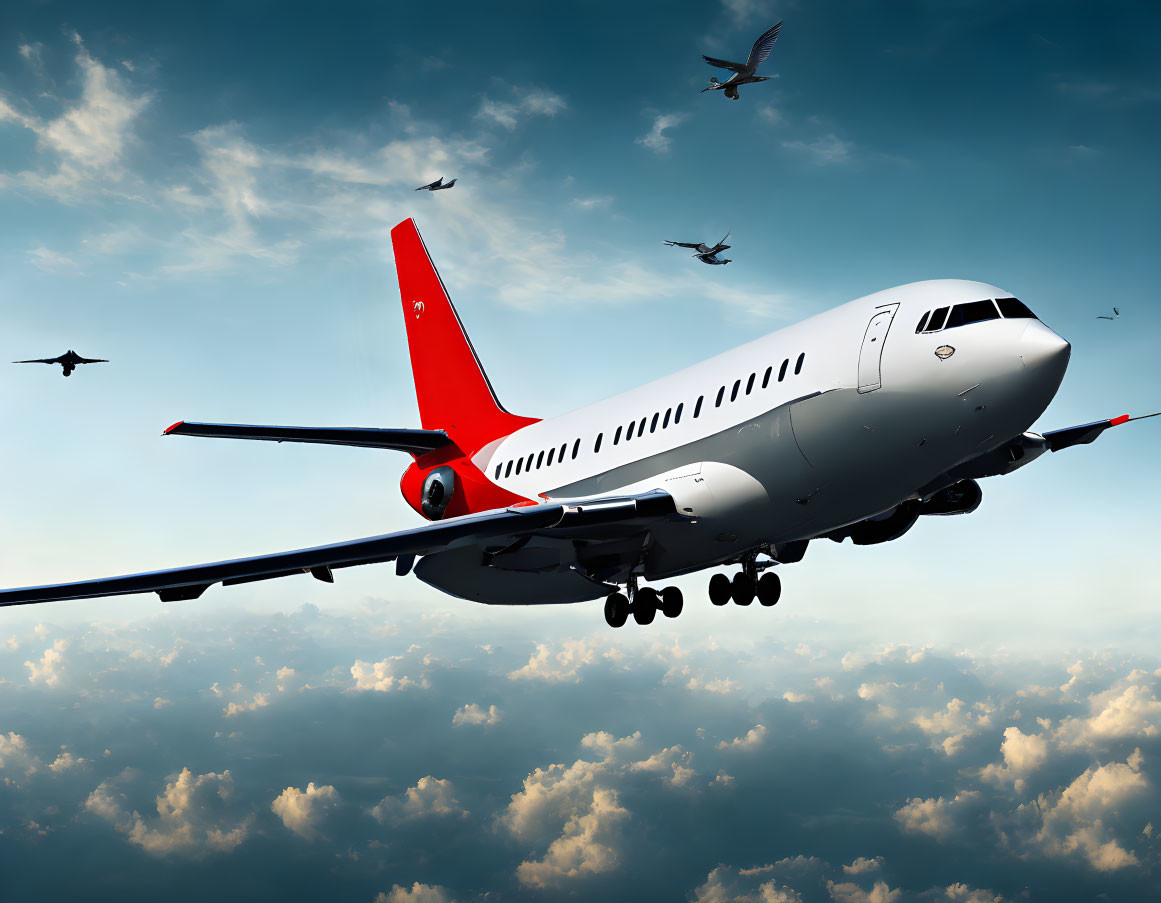 Red-tailed commercial airplane flying amidst birds in blue sky