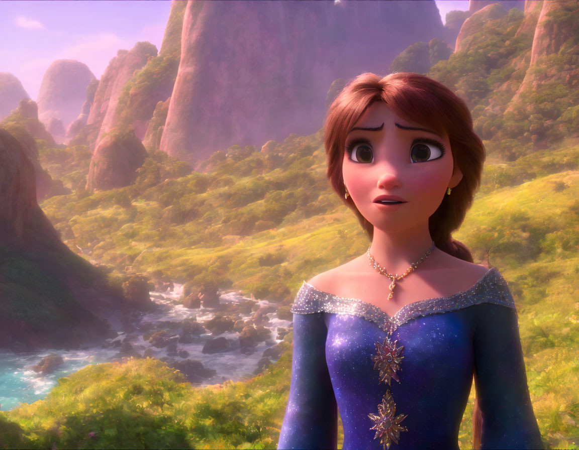 Animated female character in blue dress on vibrant landscape with river