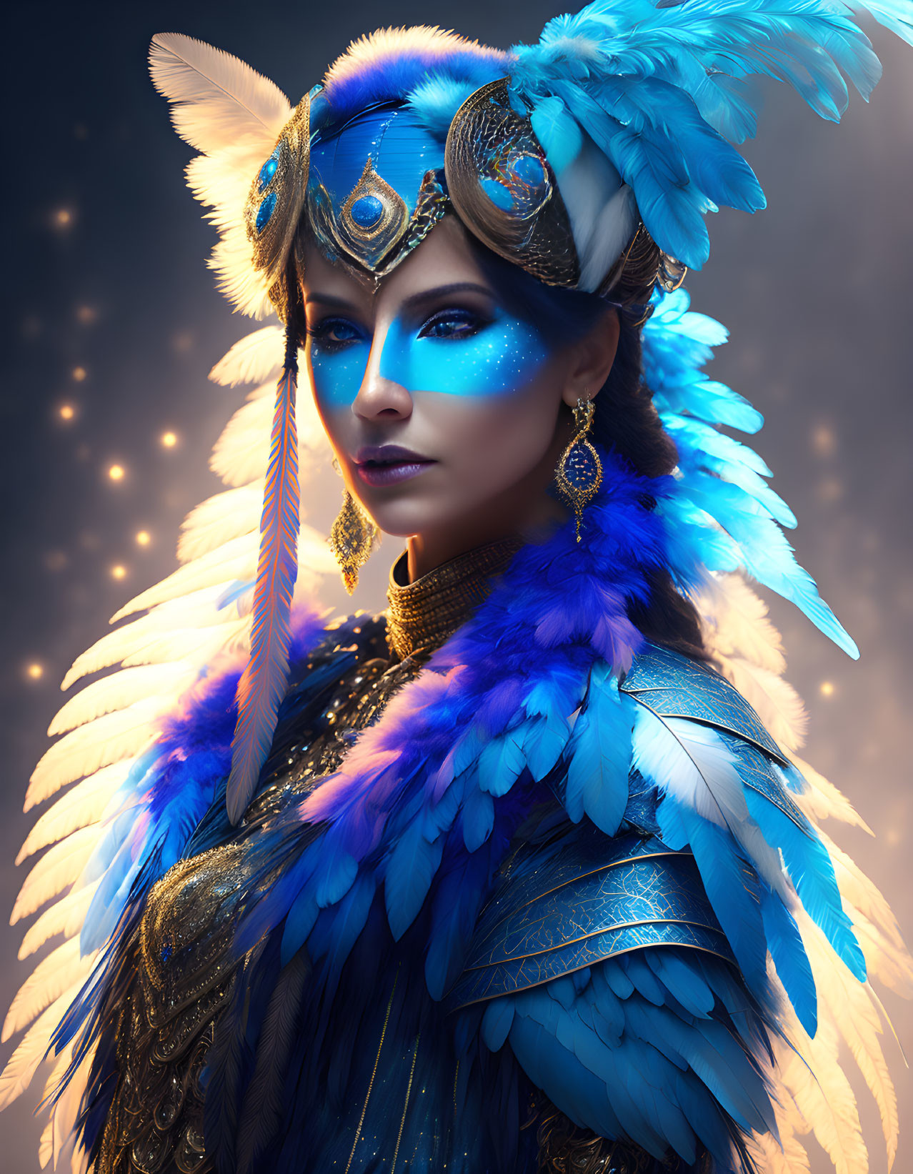 Majestic blue and gold feathered costume with elegant headpiece