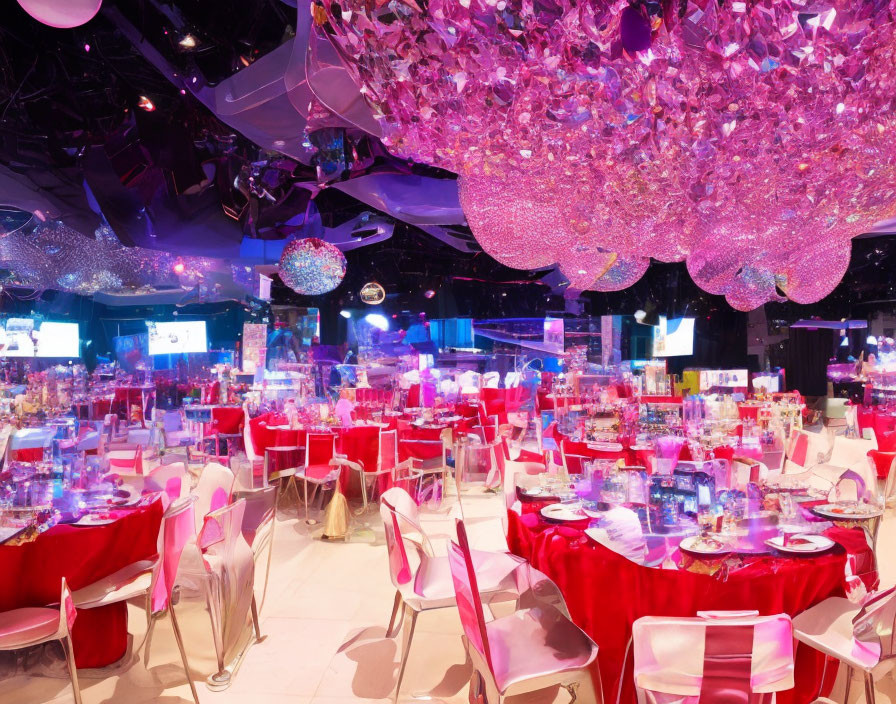 Luxurious event space with red tablecloths, ornate centerpieces, and a glittering pink