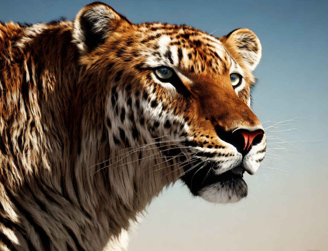 Detailed Tiger Face Close-Up with Intense Gaze and Blue Sky