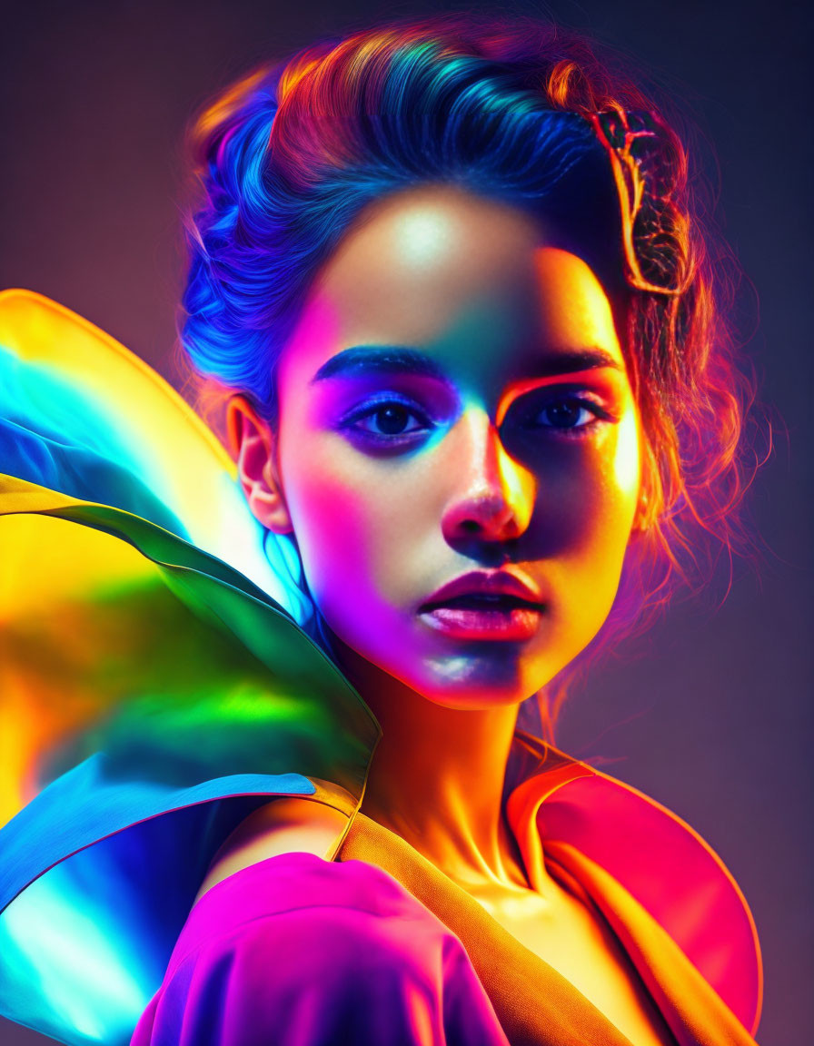 Colorful lighting portrait featuring woman with butterfly wing.