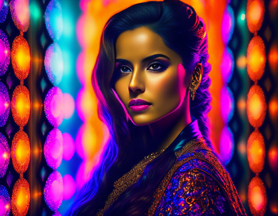 Styled woman with makeup against vibrant bokeh lights in blue and orange hues