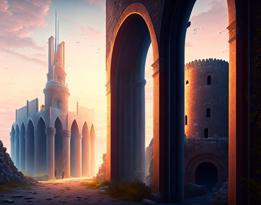 Majestic castle at sunset with spires and lone figure