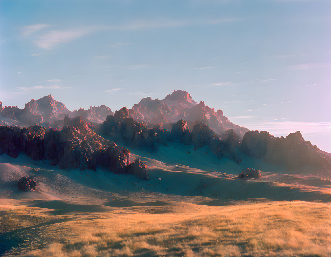 Golden sunlit grass and rugged mountains in serene landscape