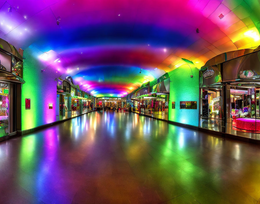 Colorful Shopping Arcade with Rainbow Ceiling and Storefronts