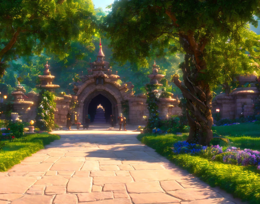 Tranquil fantasy garden with cobblestone path and ancient gate