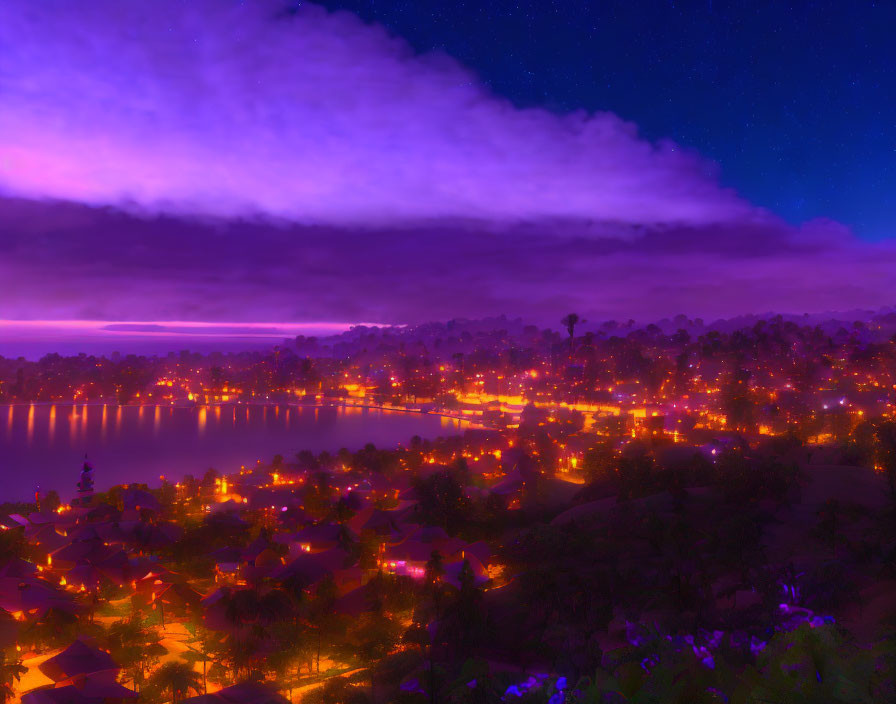 Twilight scene of lakeside town with lights reflecting on water