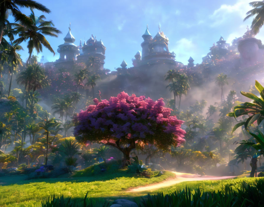 Vibrant pink tree in fantastical landscape with misty castles and lush greenery