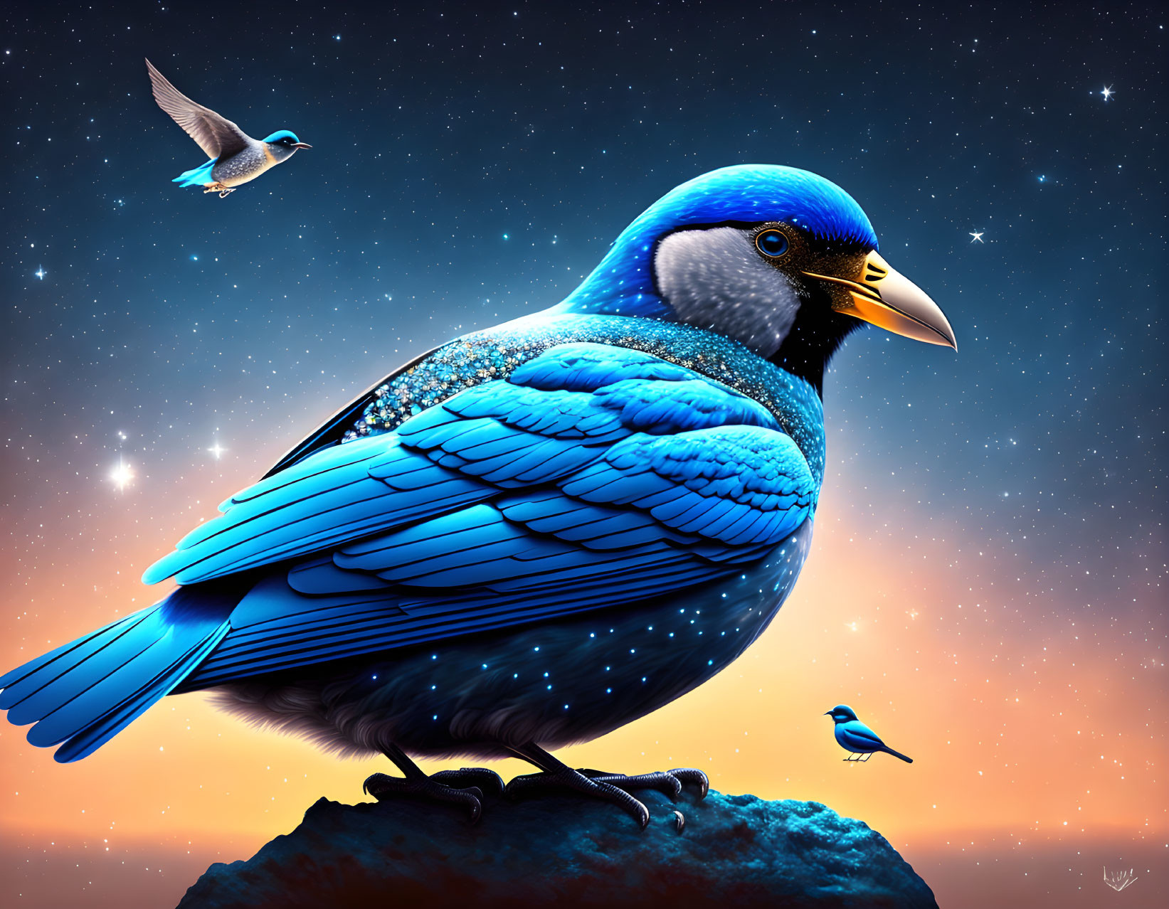 Majestic blue bird digital art under starry sky