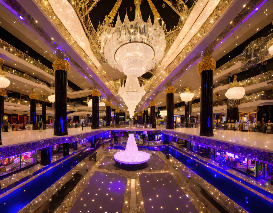 Luxurious Shopping Mall Interior with Chandeliers and Mirrored Ceilings