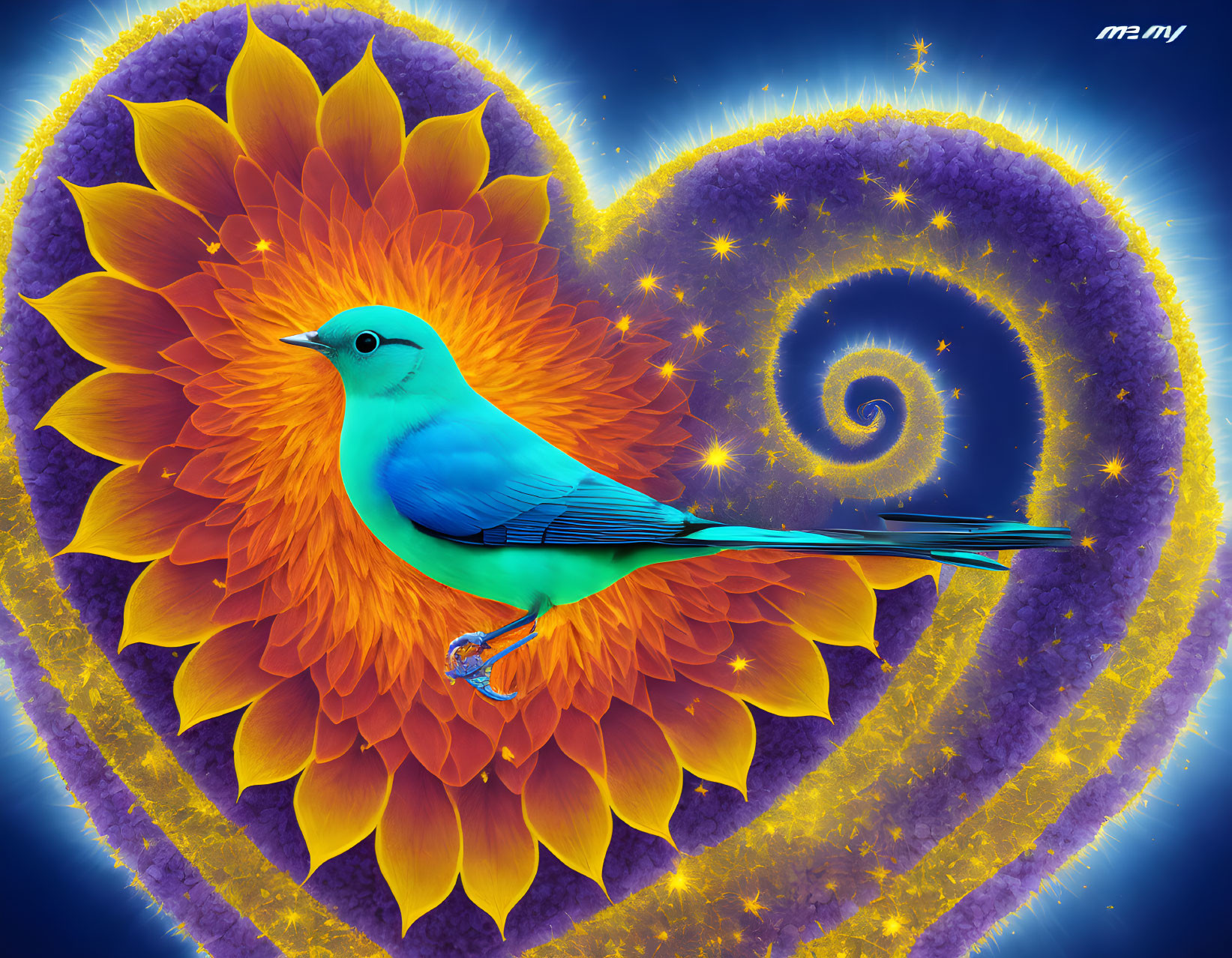 Blue bird on orange flower in cosmic setting