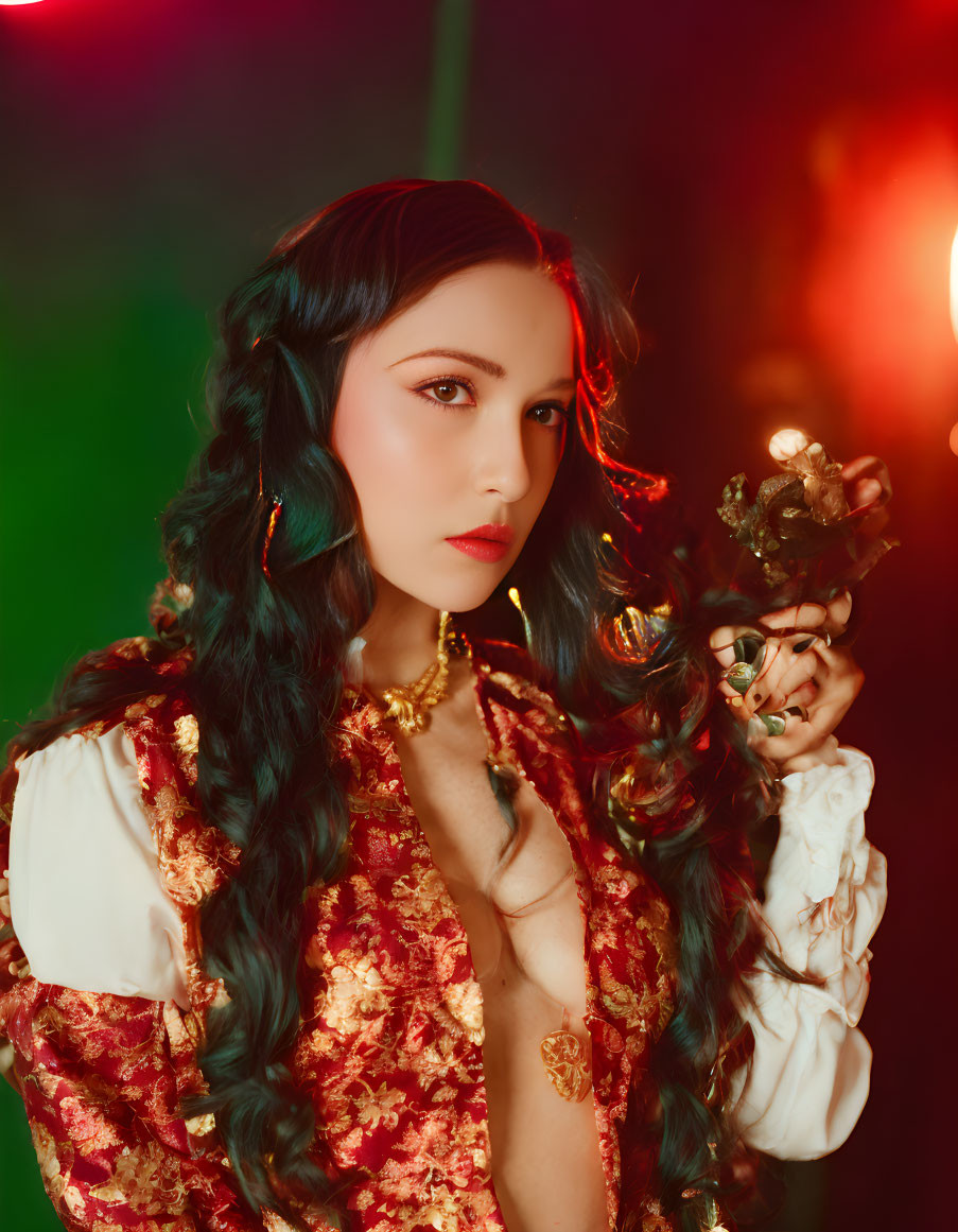 Dark-haired woman in red brocade top and gold jewelry poses elegantly against moody background