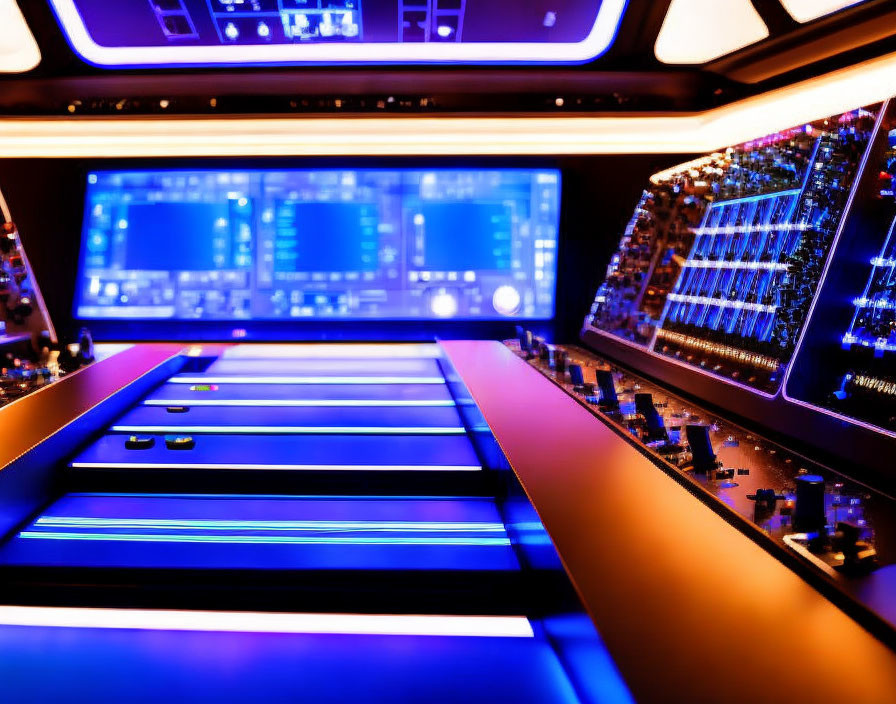 Colorful Mixing Console with Blue Tracks, Knobs, and Screens in Dimly Lit Studio