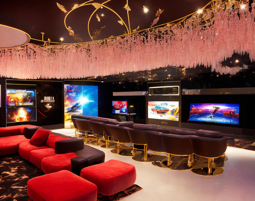 Luxurious Home Theater with Red Sofas, Gold Accents, Multiple Screens