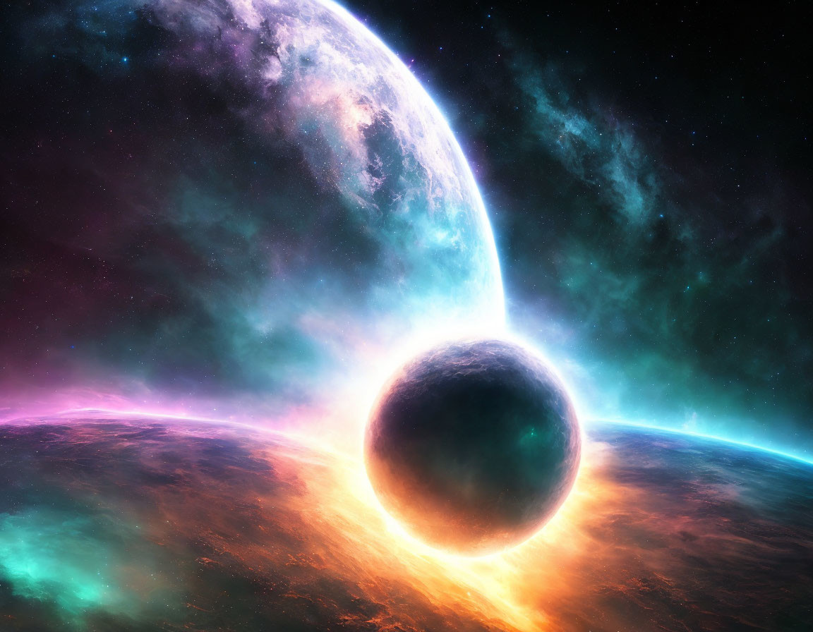 Celestial bodies in vibrant space scene with glowing atmosphere against starry backdrop