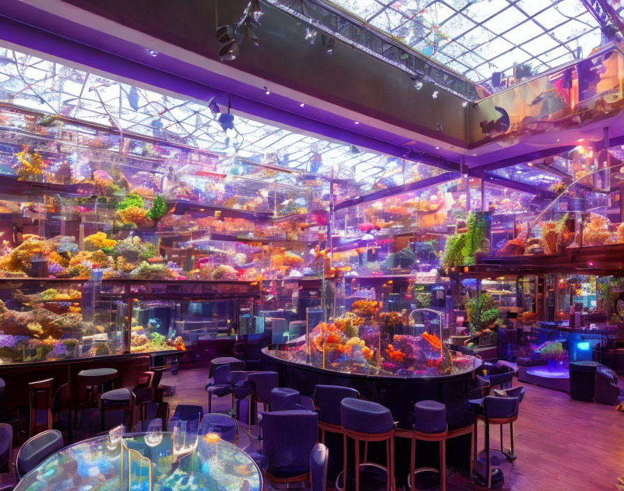 Colorful Fish Tanks in Vibrant Aquarium Restaurant with Glass Ceiling and Purple Lights