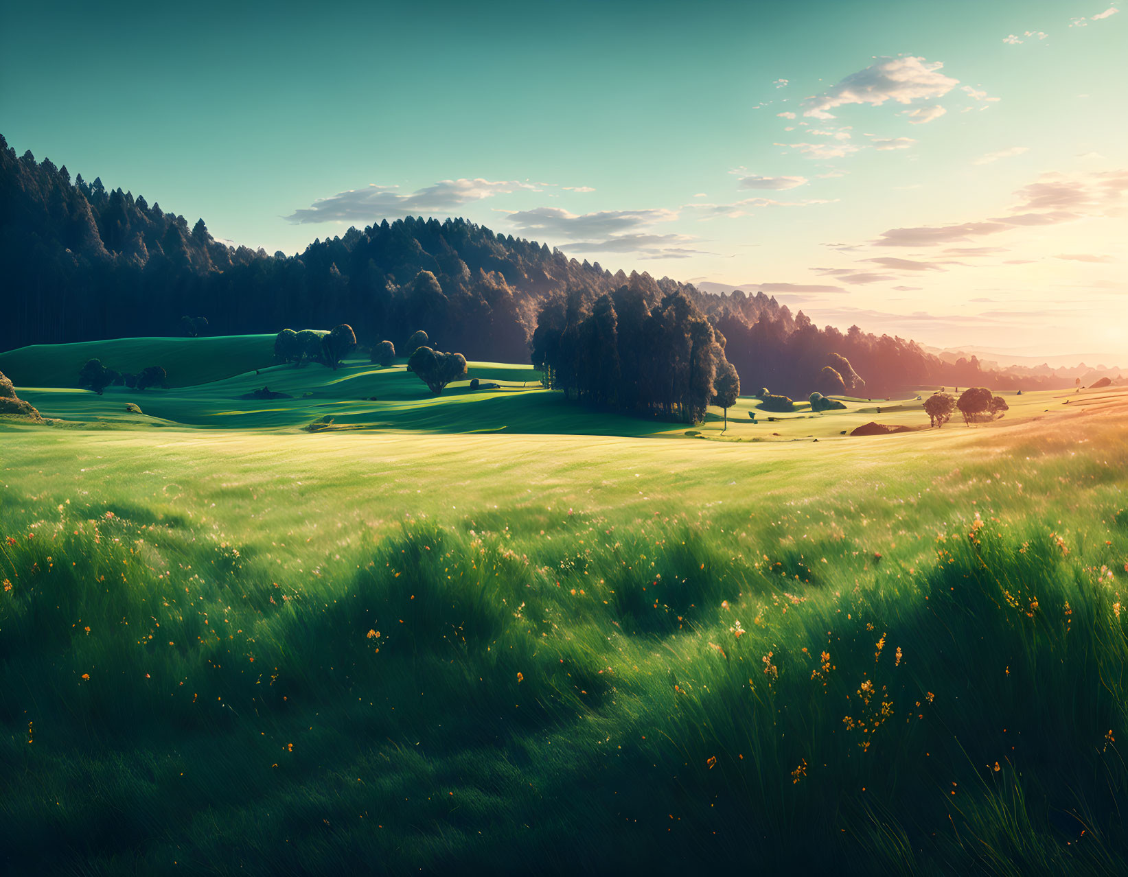 Vibrant green hills and trees under warm sunlight with yellow flowers and clear sky