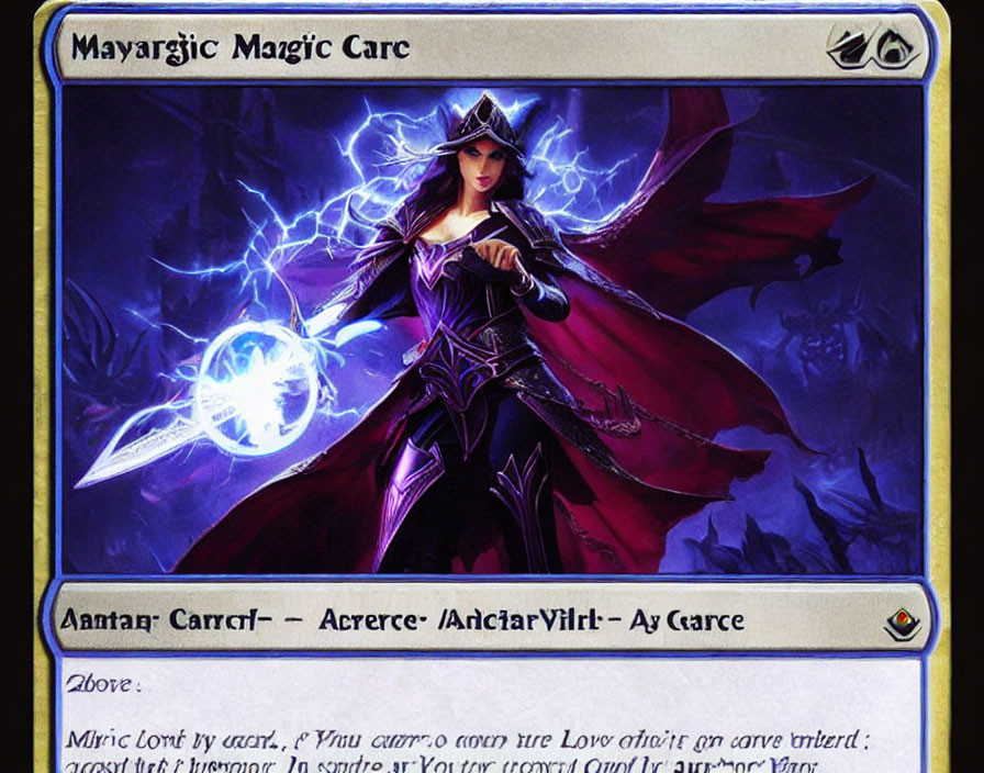 Fantasy card featuring sorceress in dark armor casting lightning spell