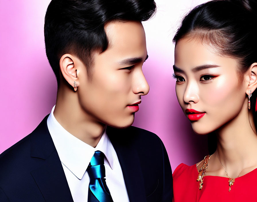 Fashionable Man and Woman with Stylish Attire and Sleek Hairstyles on Pink Background