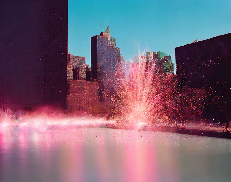 Pink fireworks over cityscape and water in daylight