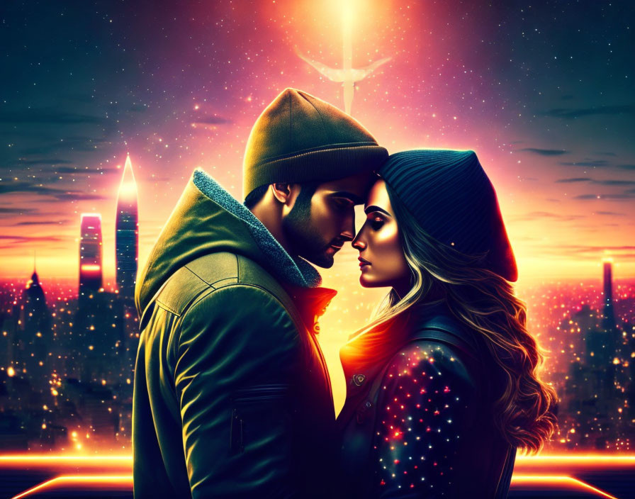 Illustration of couple with foreheads touching in vibrant cityscape