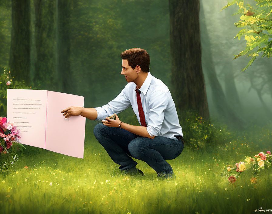 Businessman squatting in lush forest with large pink card