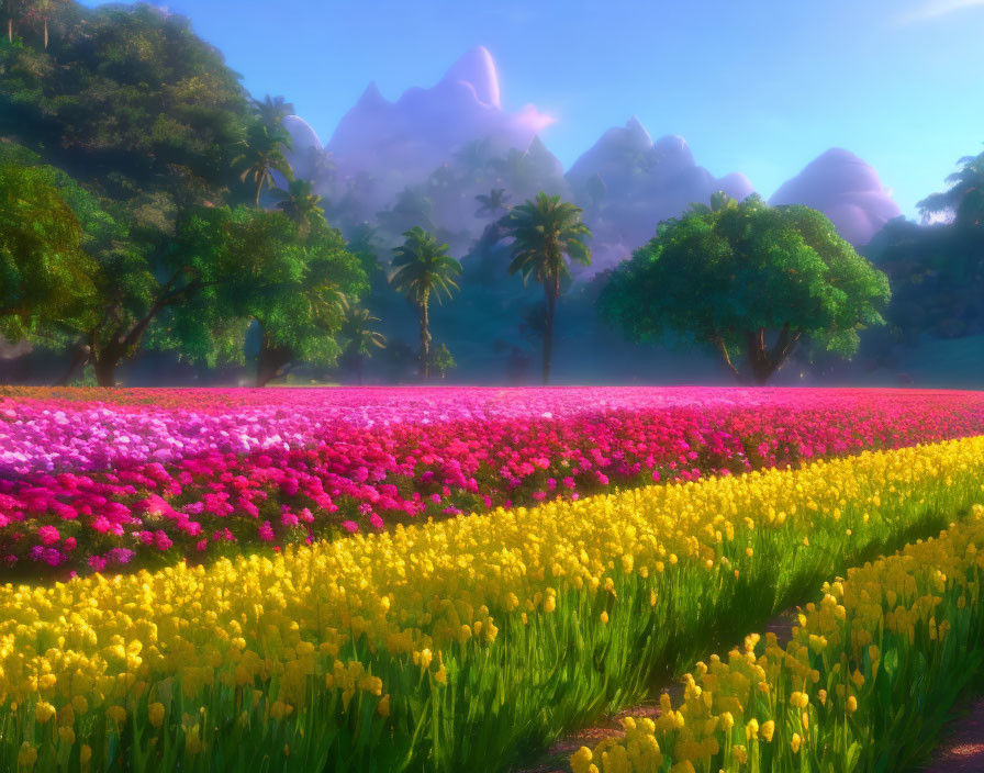 Scenic landscape with vibrant flowers, hazy sky, green trees, and misty mountains