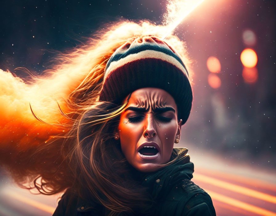 Woman in Beanie Screaming with Fiery Streak and Blurred Street Lights