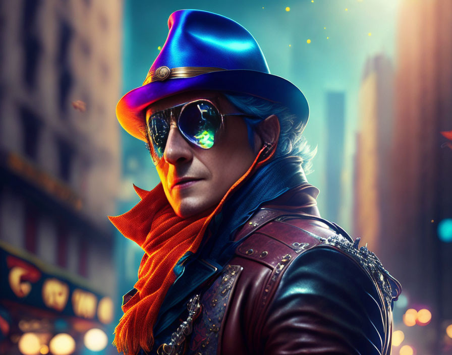 Man in Blue Hat and Leather Jacket in City Setting with Neon Reflections